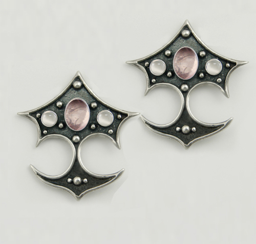 Sterling Silver Gothic Drop Dangle Earrings With Rose Quartz And White Moonstone